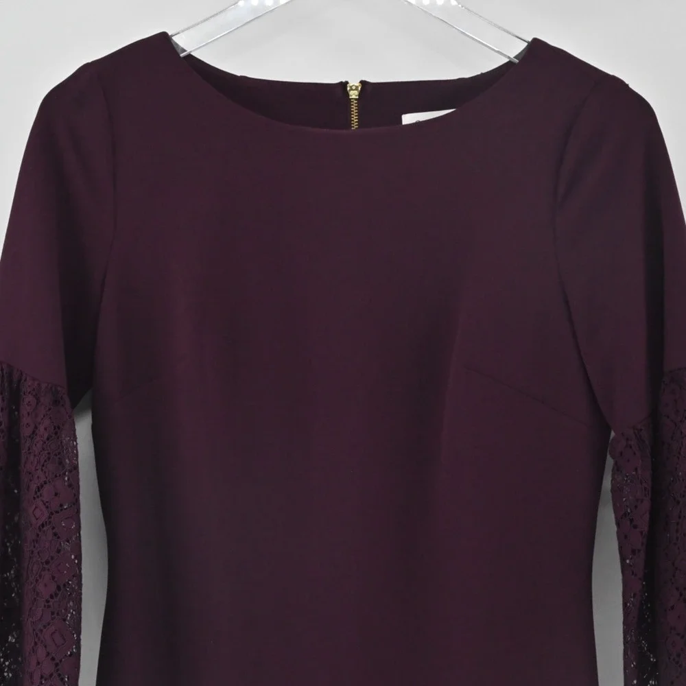 Calvin Klein Burgundy Sheath Dress Size 4 Lace Bell Sleeve Sheath Moody Romantic - Picture 10 of 14